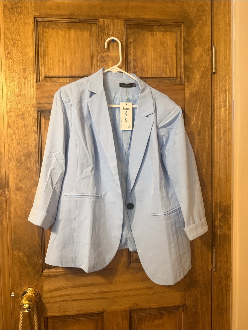 Cropped Sleeve Light Blue Single-Button Blazer